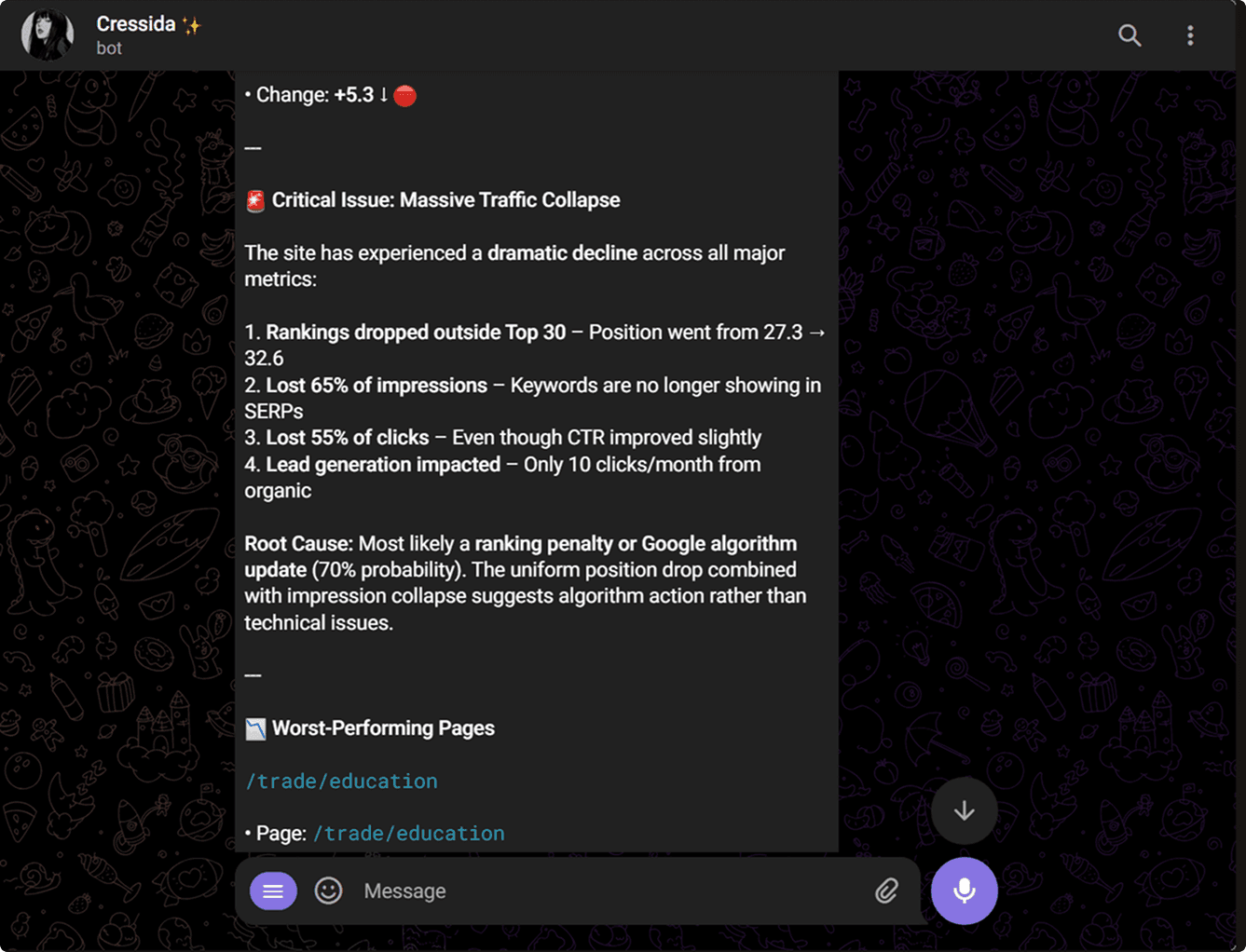 Telegram report from a custom-built Headway autonomous SEO agent using the custom Google Search Console MCP integration
