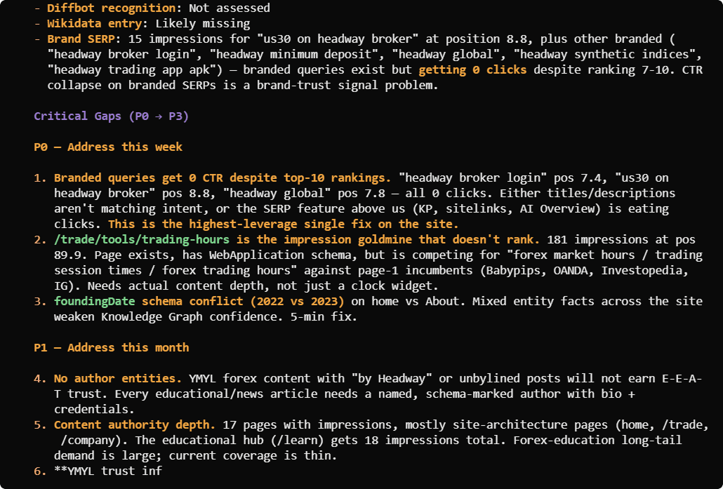 AI-assisted technical SEO audit for Headway surfacing a company entity mismatch for human verification