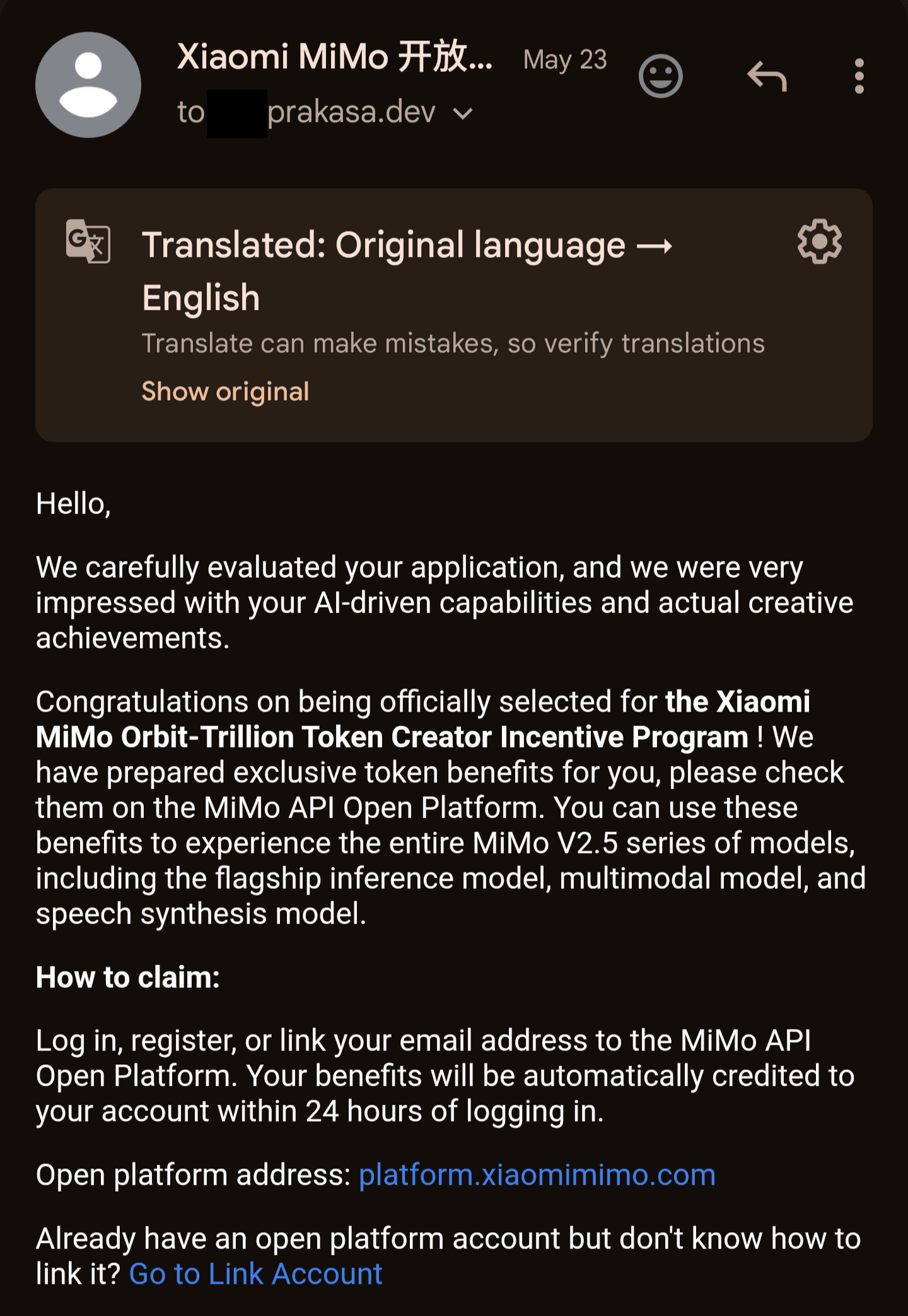 Xiaomi incentive program acceptance for the MiMo Max plan used in the Headway SEO workflow
