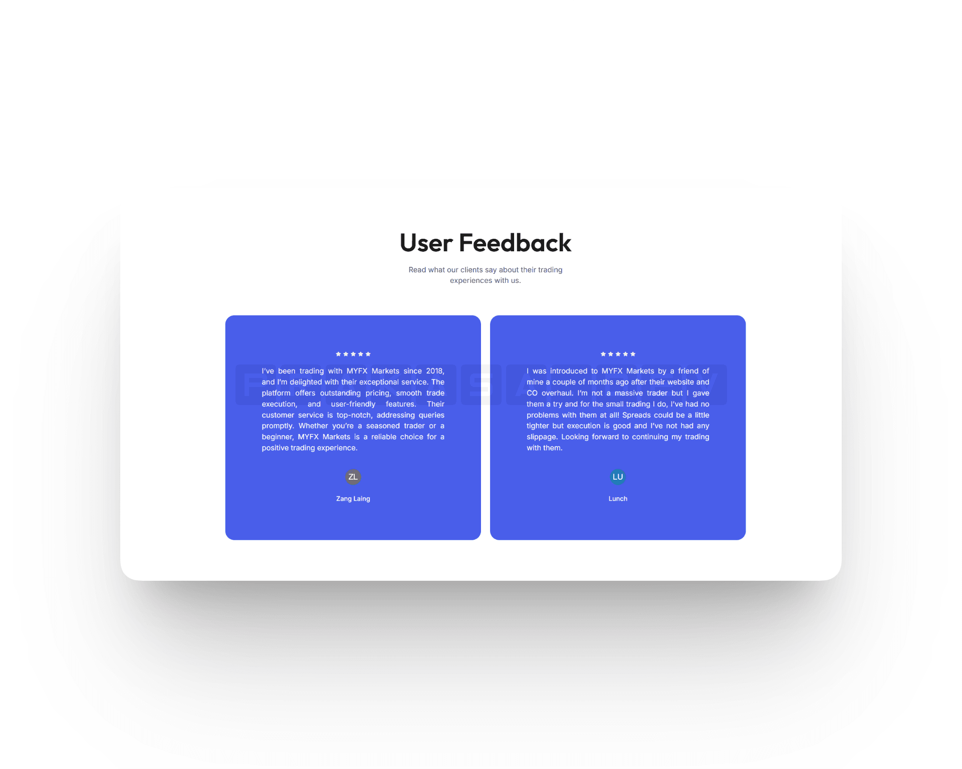 Customer review section component on the MYFX Markets site
