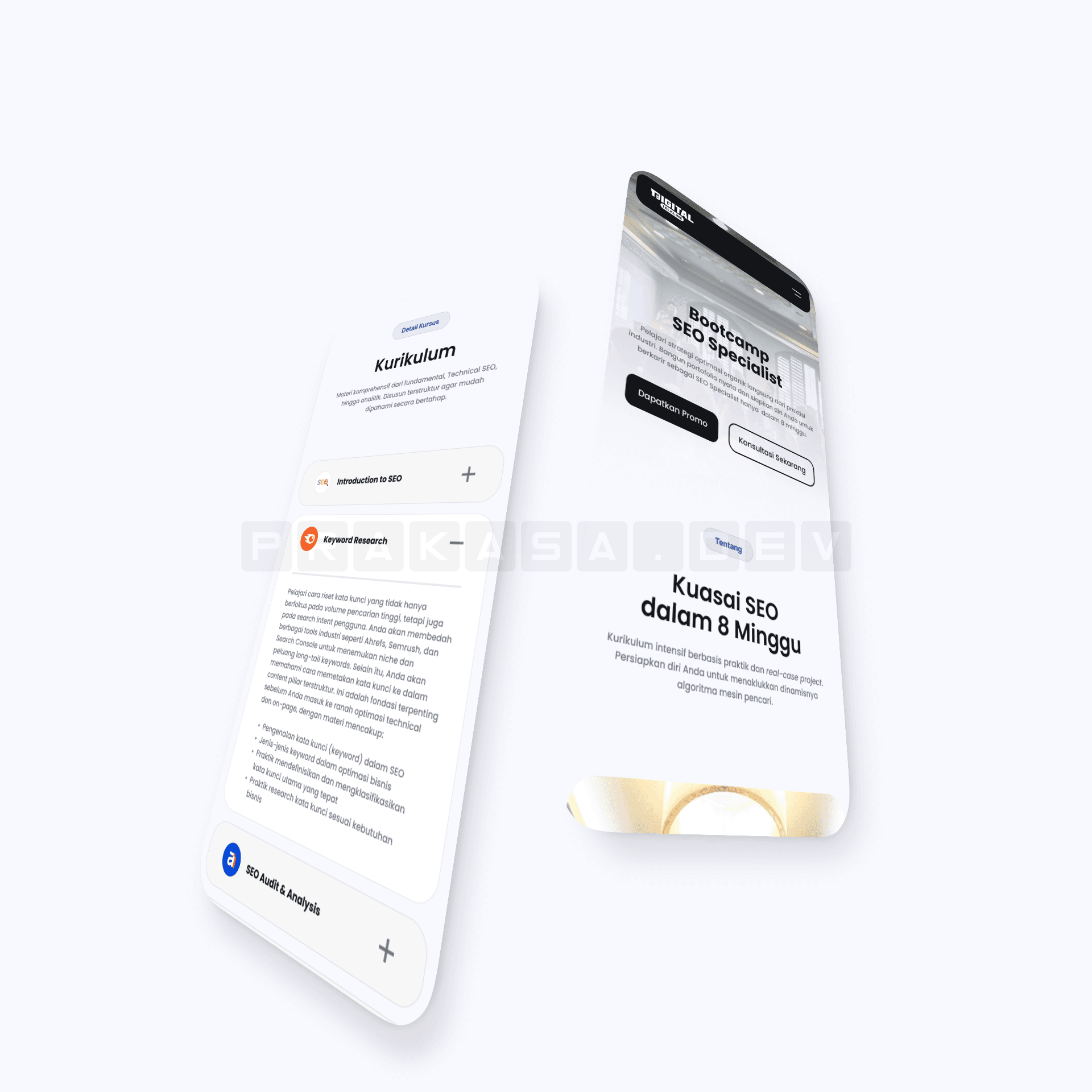 Two mobile phone mockups of Digital Talkline showing the bootcamp hero with dual CTAs on the right and the curriculum section with expanded Keyword Research accordion on the left